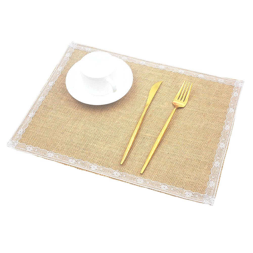 Scf2017 Style 2 Set Of 6 Lace Jute Hessian Burlap Placemats Rectangular Table Mats Table Runner 40Cm X 30Cm(Style 2)