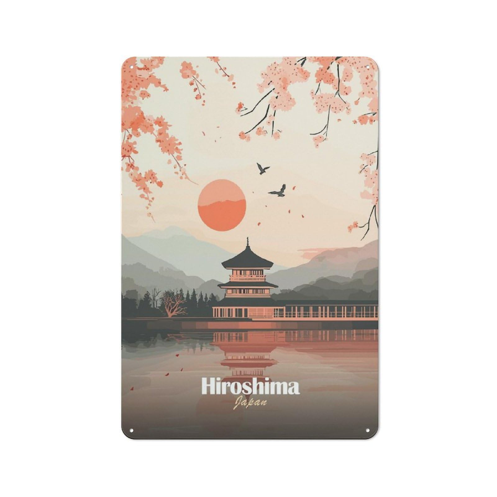 Rustic Hiroshima Japan Pagoda Tin Wall Plaque 30x20cm, Rustic Kitchen Decor for Cottage, Kitchen, Hallway Or Breakfast Nook