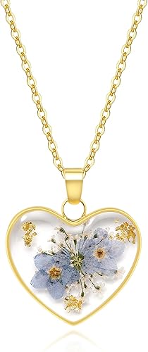 Heart Necklace - Handmade Pressed Flower Necklace,Forget Me Not And Queen Anne'S Lace Pressed Wildflower,Forget-Me-Not Flowers Symbolize True Love