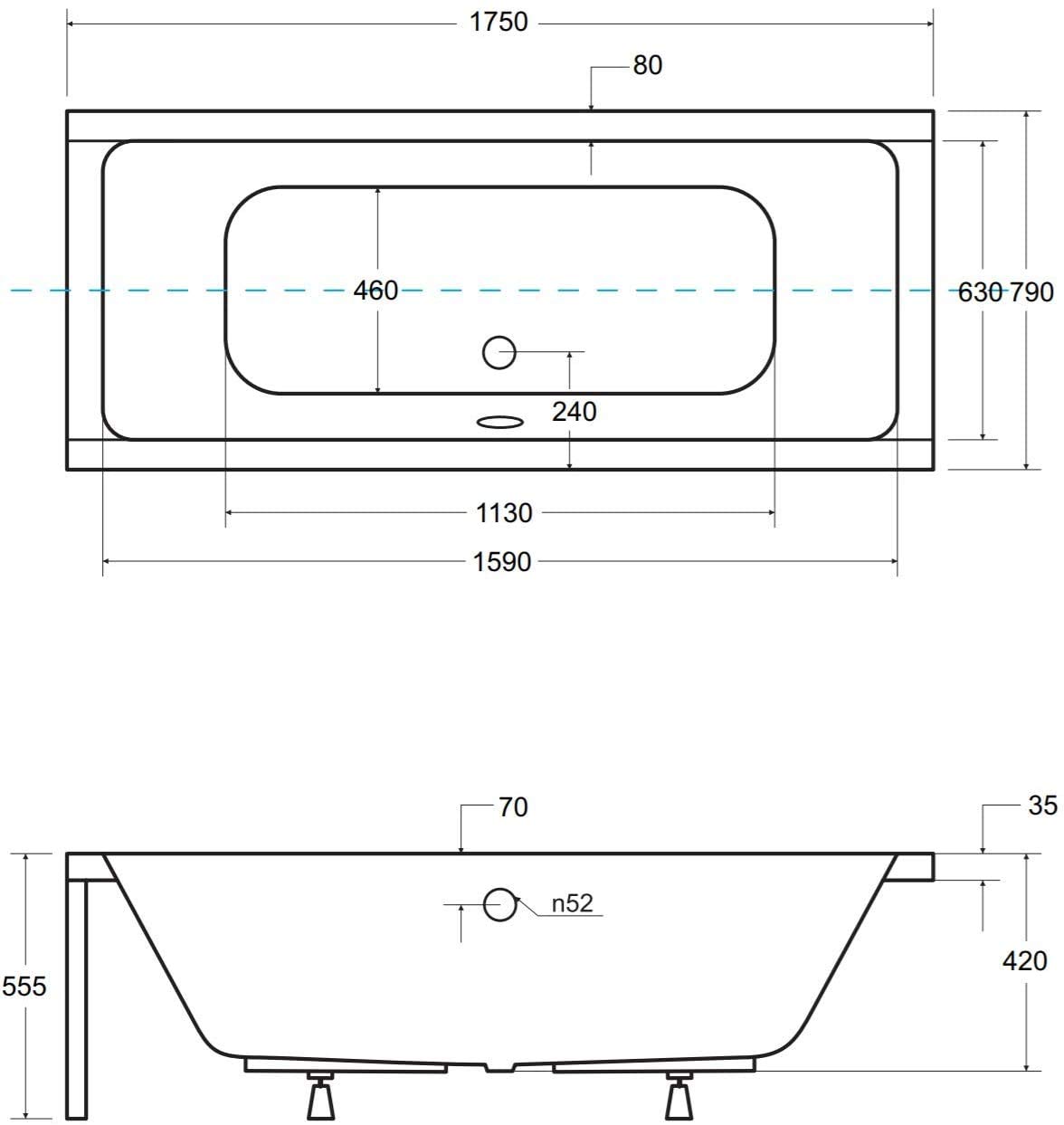 VBChome Bañera 175x80 cm Juego de Acrílico Bañera con Sifón Rectángulo Diseño Blanco Grifo de Desagüe Moderno en Cromo Simplex para 2 Personas (175x80cm)
