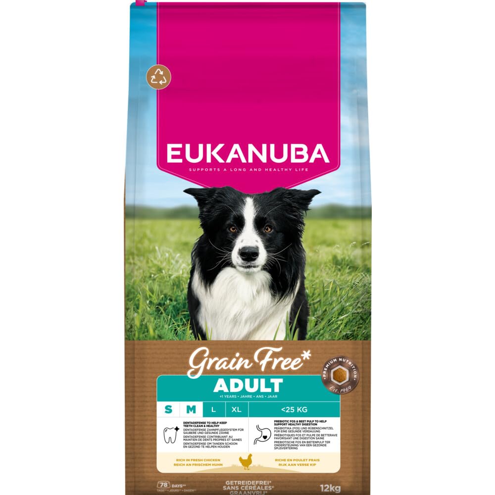 Eukanuba Karma dla psów bez zbóż ze świeżym kurczakiem dla małych i średnich ras, sucha karma premium bez zbóż dla dorosłych psów, 12 kg