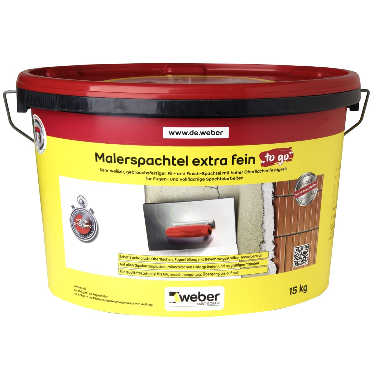 WEBER | Espátula extra fina "to go" 15 kg | muy duradera, muy blanca, alta resistencia superficial, para uso en interiores, masilla de yeso