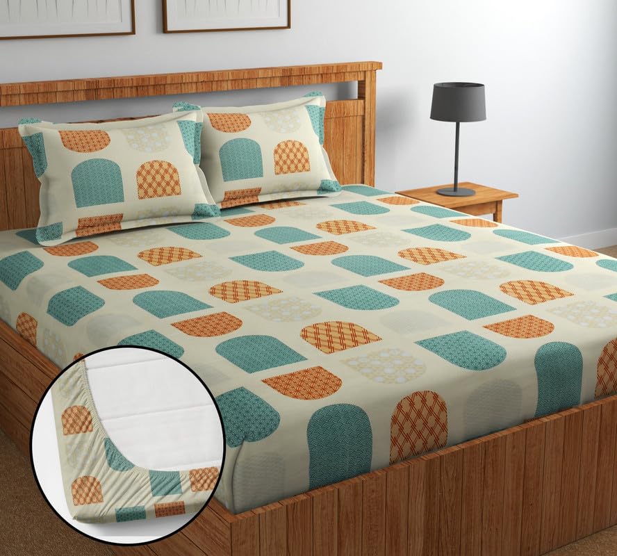 NEW LEAF Premium Cotton 210Tc Elastic Fitted Bedsheets with 2 Pillow Covers | Double/Queen Bed with All Around Elastic 180 TC Supersoft Breathable |Size-78 x72+10 inches | Teal Beige Pista-image-32