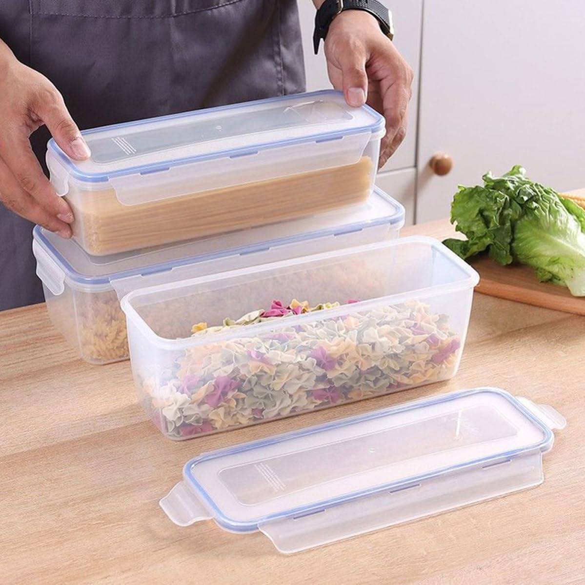 Cabilock 2pcs Rectangular Plastic Pasta Storage Boxes with Lids 1.6l Each Airtight Clamp Sealed Food Containers for Kitchen Storage Freshness Preservation