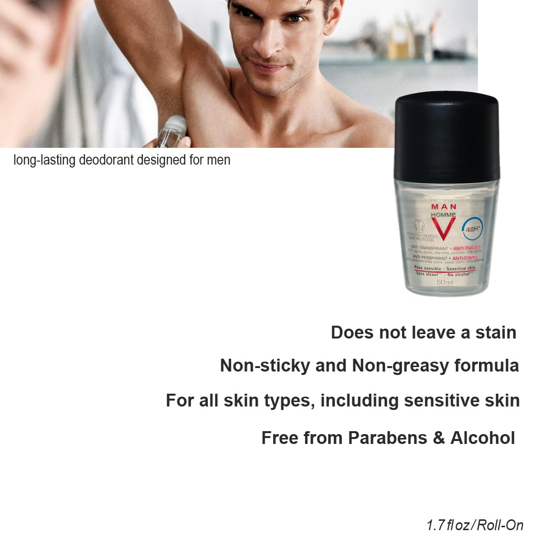 Anti-Transpirant 48H Roll-On Homme Dry-Touch Deodorant. Anti-White & Yellowish Spots | No Alcohol | 50mL Deo for Man | Ideal for Sensitive Skin (1.7 oz, Classic scent (Anti-Stains))