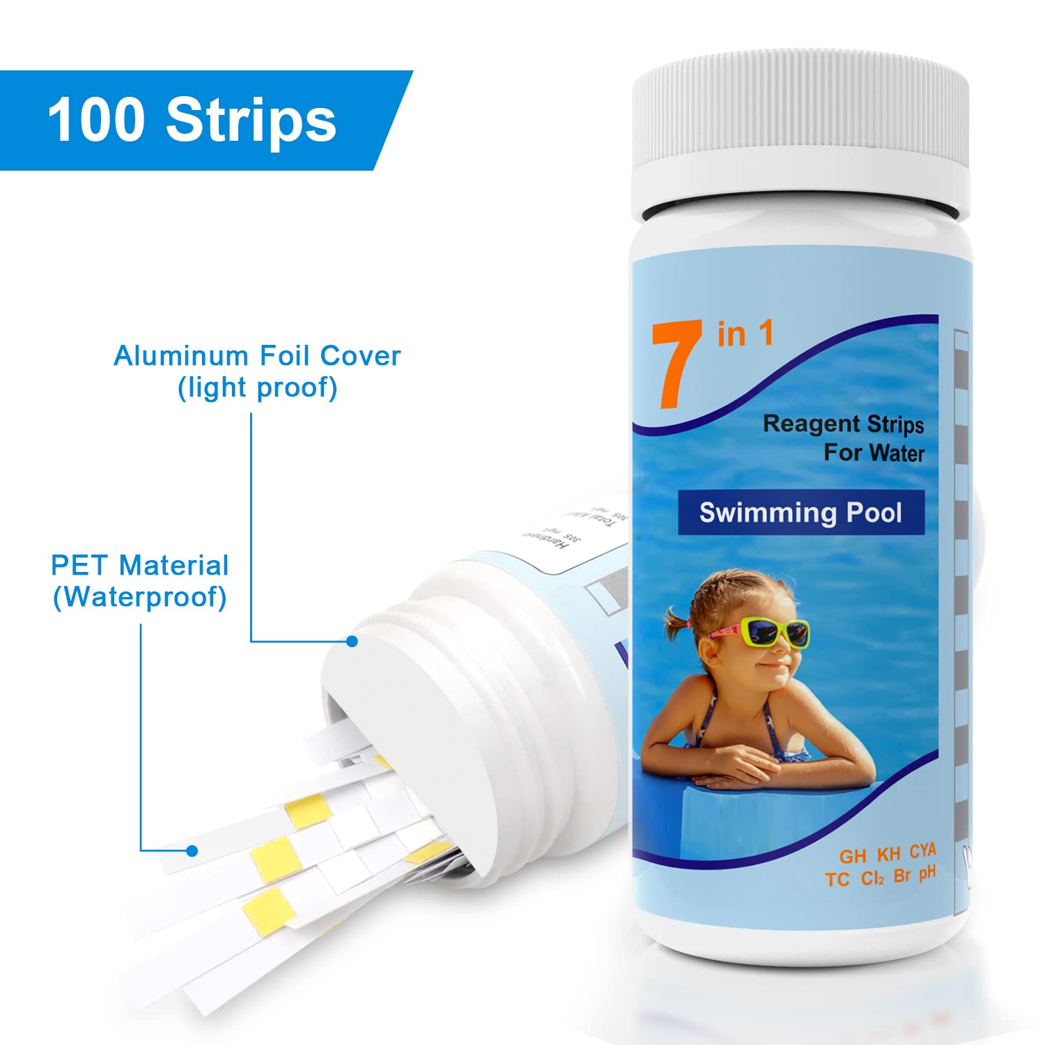 100 tiras reactivas para piscina, 7 en 1, tiras de prueba de agua para piscina, dureza total de piscina, cloro libre, bromo, cloro total y valor de pH, comprobador de pH de piscina, accesorios de