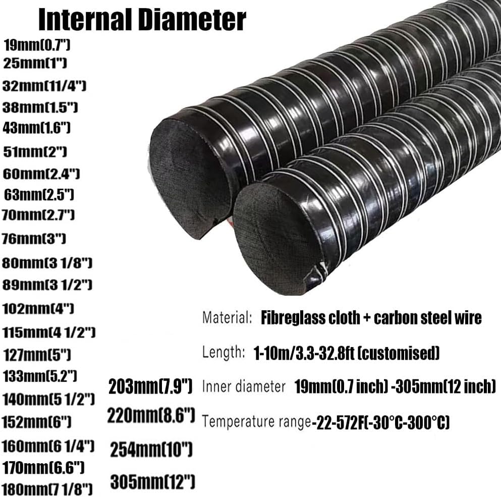 High-Temp Flexible Vent Pipe for Car Heaters/Industrial Fumes 38 51 60 63 70 80 89 115 305mm Black Silicone Air Duct Hose(6m/19.6ft,76mm-3in)
