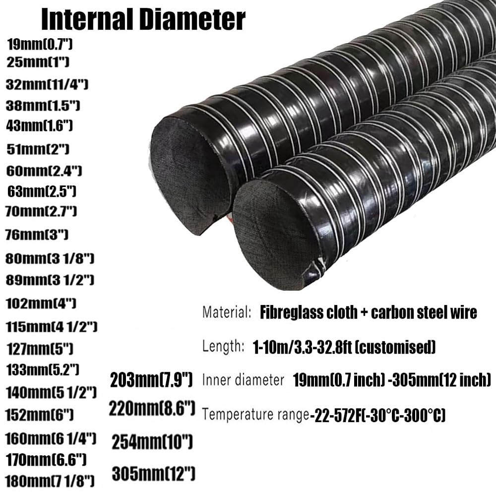 Tubo flessibile ad alta temperatura per sfiato asciugatrice e aria automobilistica, 2 m (6,56 piedi) 51 mm (2 pollici), tubo nero diverse dimensioni: 25-305 mm opzioni
