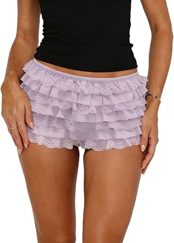 Women Y2k Lace Ruffle Shorts Low Waist Layered Lolita Bloomers Sexy Fairy Mesh Patchwork Pettipants Mini Shorts