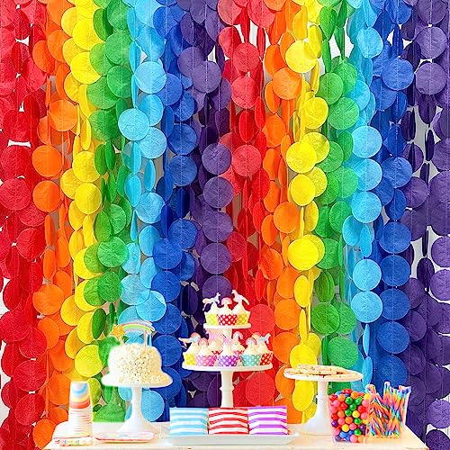 Image of 205Ft Rainbow Party Decorations Big Polka Dots Tissue Paper Backdrop Streamer Colorful Circle Dots Hanging Curtain Garland for Birthday Fiesta Carnival Wedding Engagement Pride Party Supplies