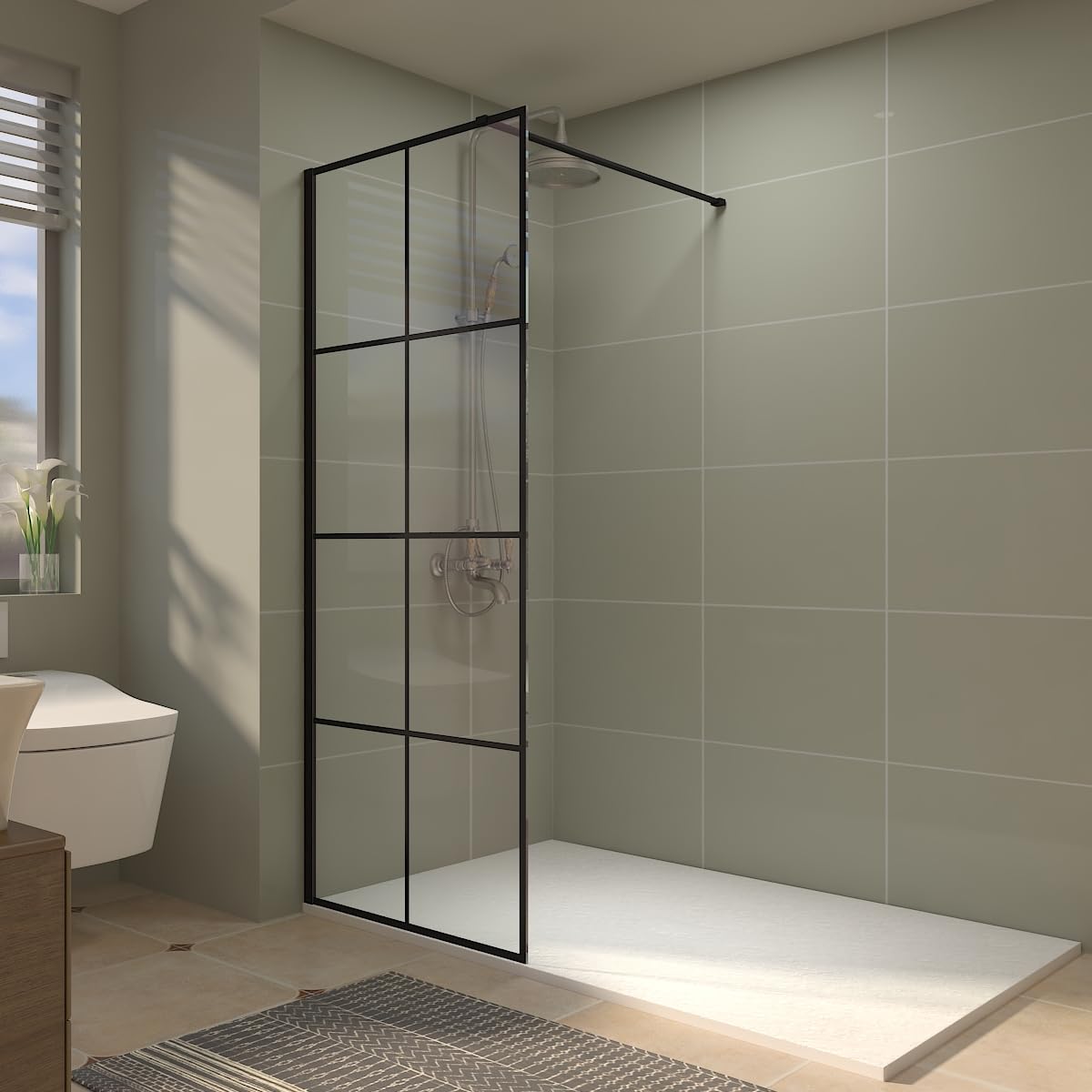Aquariss 760mm Black Framed Walk-in Shower Screen 8mm Safety Tempered Glass Door Panel Reversible Easy Clean Wetroom Shower Enclosure