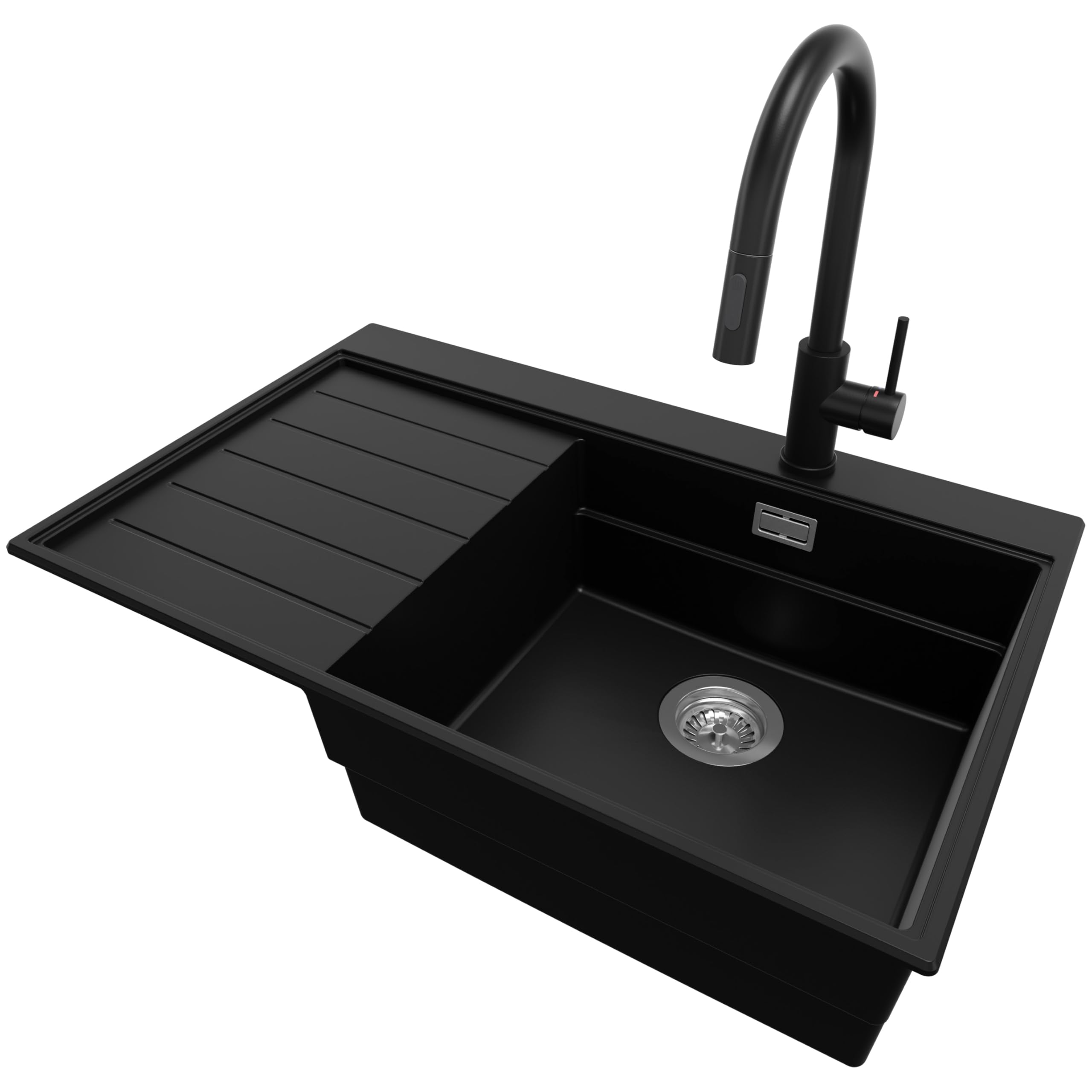 PRIMAGRAN Lavandino da Cucina Nero 78x50cm, Lavello in Granito a 1 vasca + Rubinetto 40x20cm + Set di accessori, Lavabo da Cucina Incasso al Mobile 50cm - Sydney Ergo S303