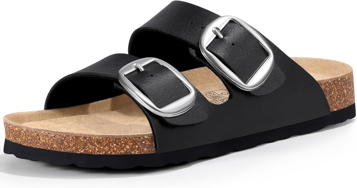 KIDMI Women's Cork Footbed Slide Sandals Comfortable Arch Support Outdoor Sandal with Big Adjustable Buckle for Summer
