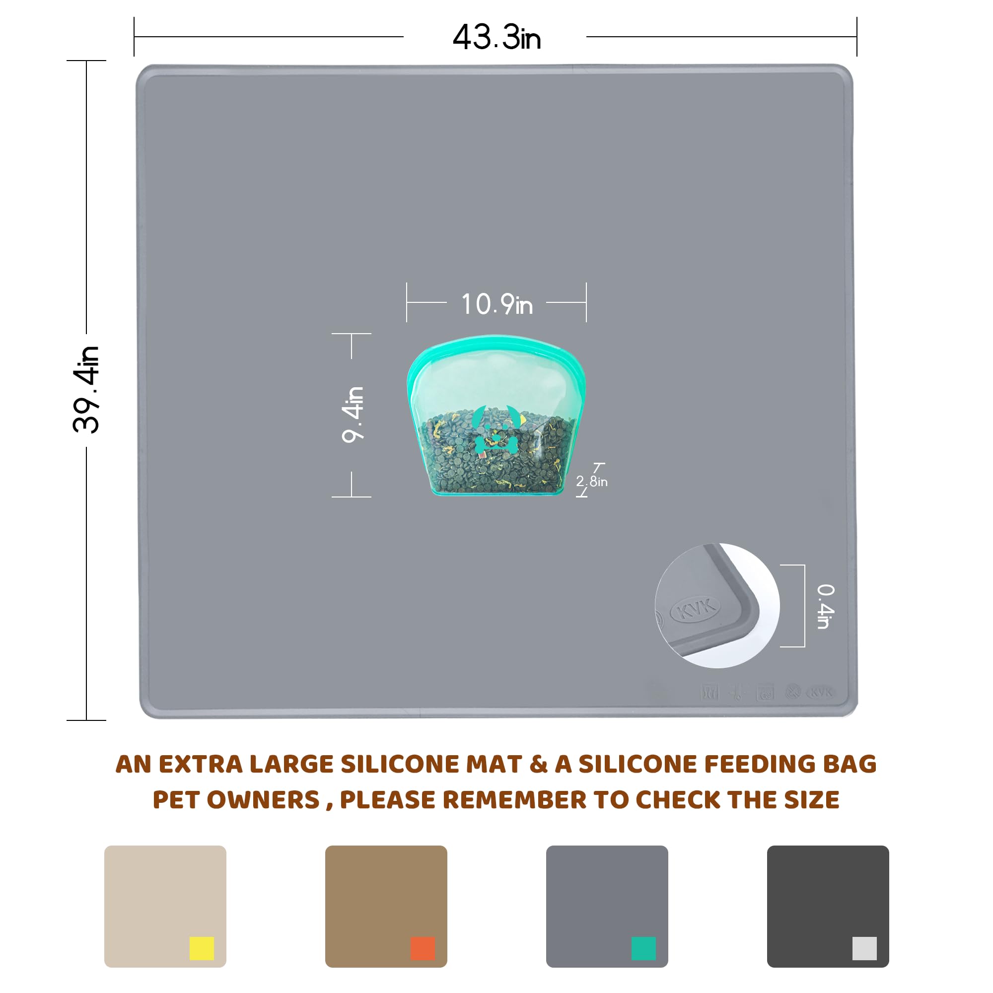 KVK Tapis d'alimentation extra large en silicone pour chien, 99,4 x 110,6 cm, tapis d'alimentation pour animaux de compagnie – Imperméable, antidérapant, mastication – Résistant à la nourriture et à