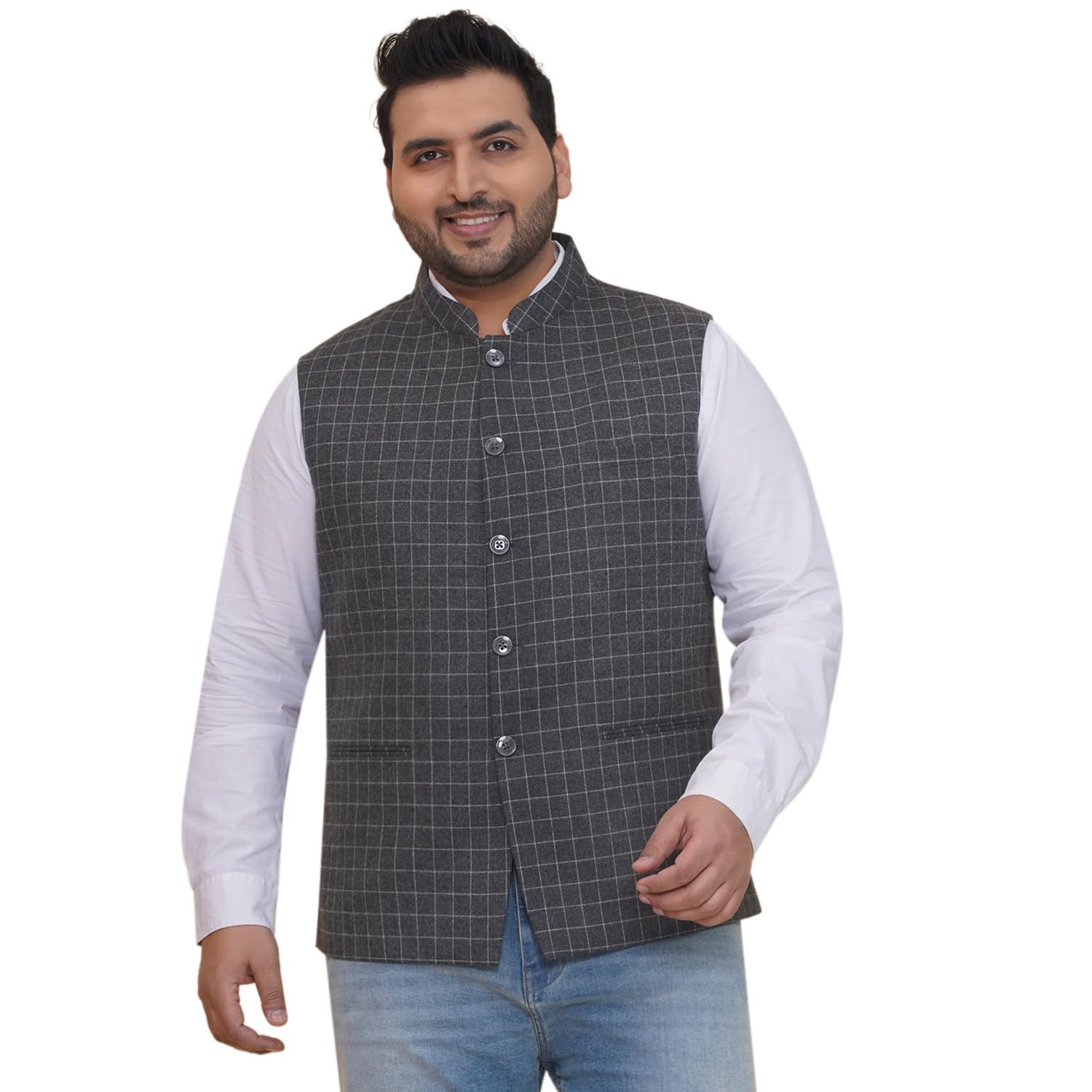 john pride Plus Size Men Regular Fit Checked Grey Tweed Nehru Jacket (JPNJ7501_Grey)-picture-18