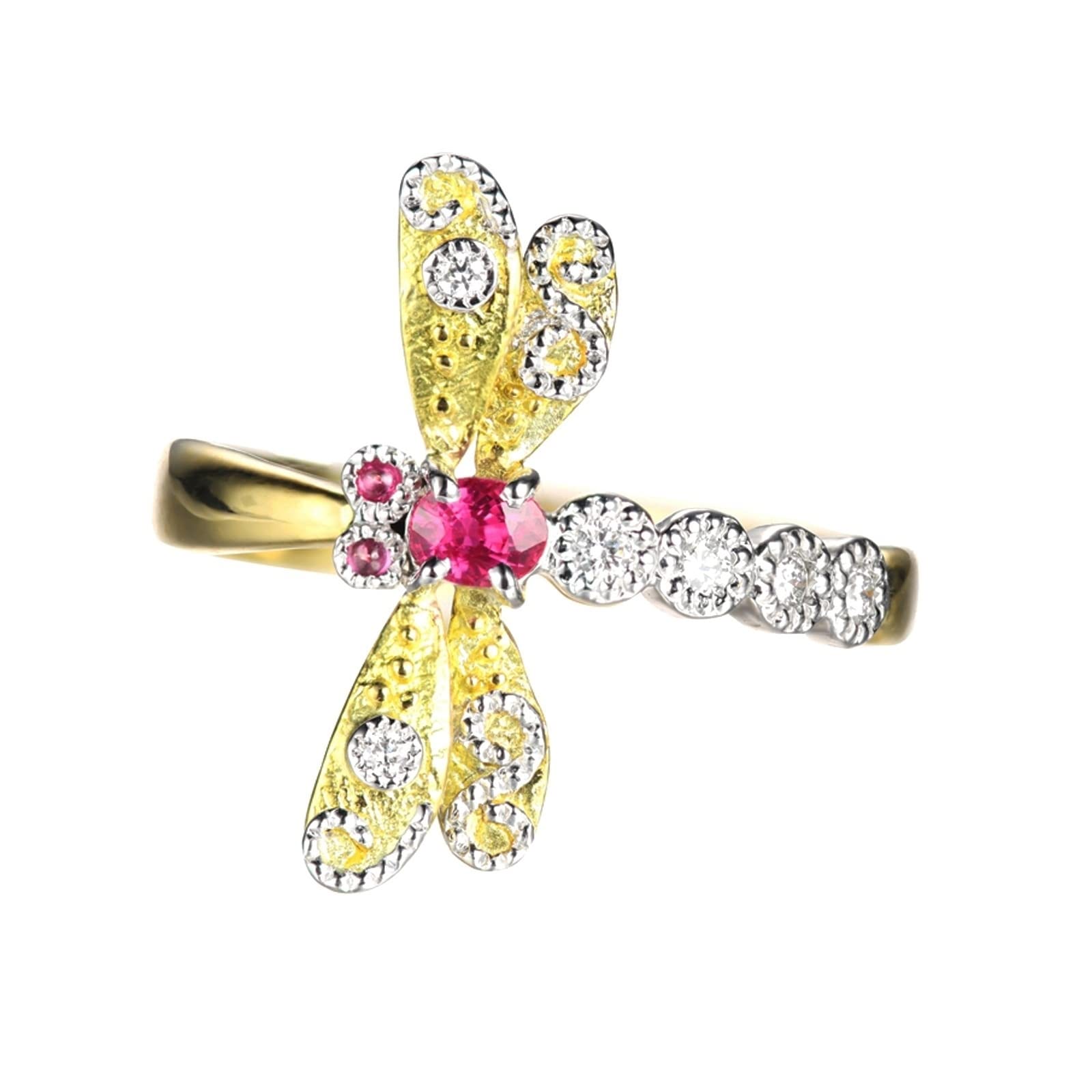 KnSam Echt Gold Ring Für Damen Schmuck Gold Au750 18K, Eheringe 0.2ct Rubin Libelle Pärchen Ringe mit Ovalschliff Eheringe