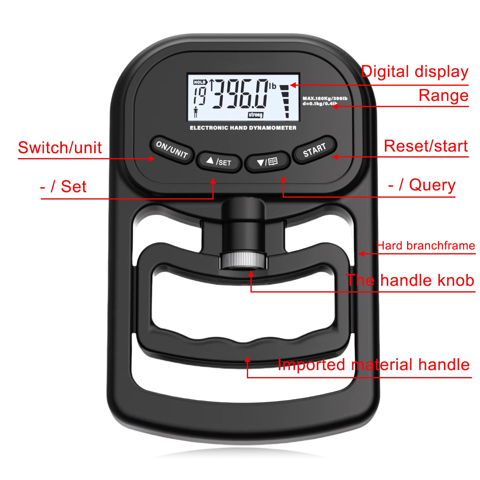 Medidor de fuerza digital manual, 396 lb/180 kg, color negro, dinamómetro de mano con cable de carga USB, gran pantalla LED