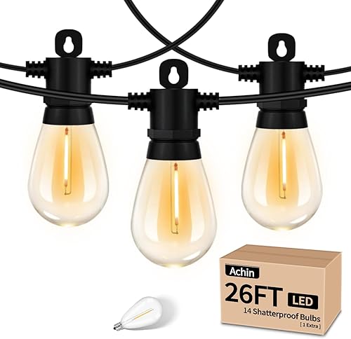 Achin Guirnalda de luces LED de 26 pies para exteriores, luces de patio impermeables con 13+1 bombillas Edison S14 inastillables, 2200 K regulables