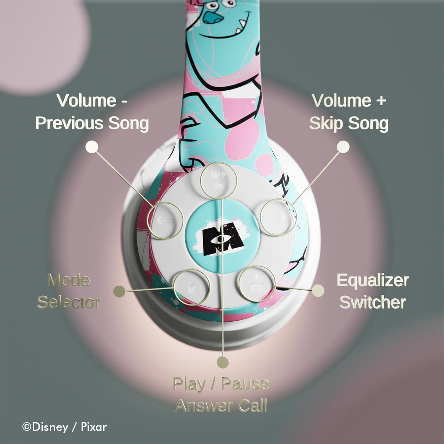Disney/Pixar’s Monsters, Inc Bluetooth Headphones - Over The Ear Bluetooth Wireless Headset with Built in Mic and Up to 15 Hrs Playtime - Monsters Inc Gifts for Women Men All Fans of Disney Gifts - Image 5