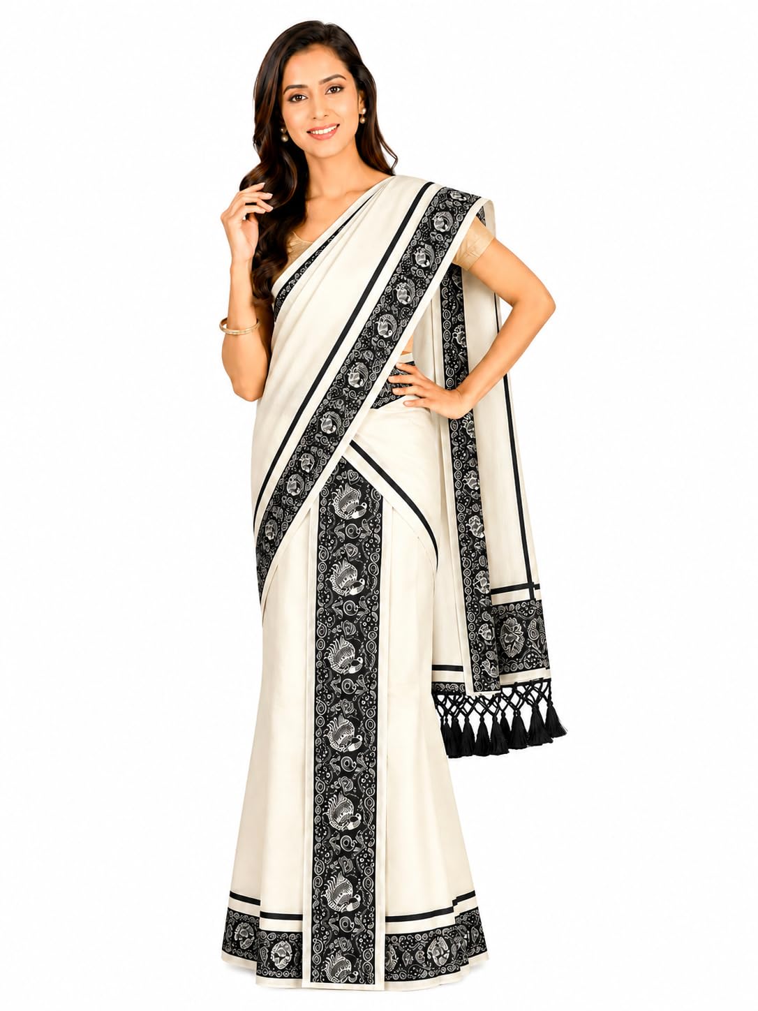 jagasree collections Kerala Kasavu Peacock Print Single Setmundu Extra Length Without blouse (-picture-24