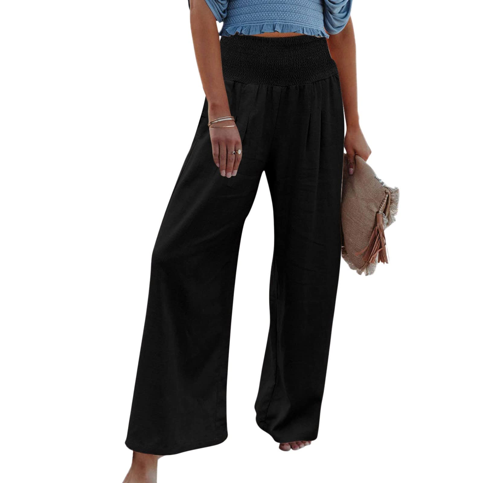 Wide Leg Pants for Women Drawstring Elastic High Waisted Casual Trousers Loose Palazzo Straight Leg Pants with Pockets
