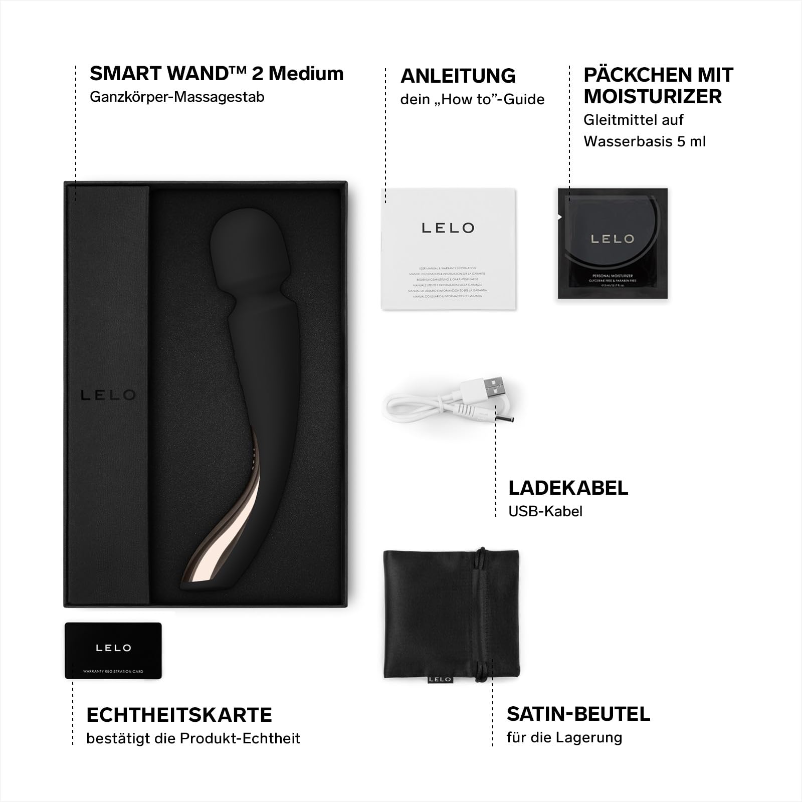 LELO SMART WAND 2 (Größe M) Wasserfester Massagestab (Massage für den ganzen Körper) Elektrischer Massager, Black