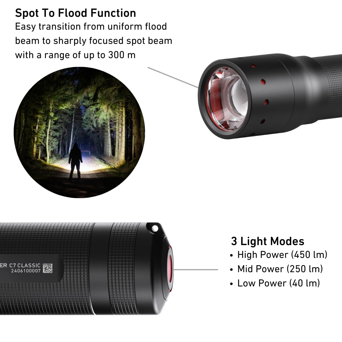 Ledlenser C7 Classic LED Taschenlampe | 450 Lumen helle Taschenlampe | 300m Leuchtweite | einstellbarer Fokus | IP54 | lange Batterielebensdauer | Taschenlampe Camping, Outdoor