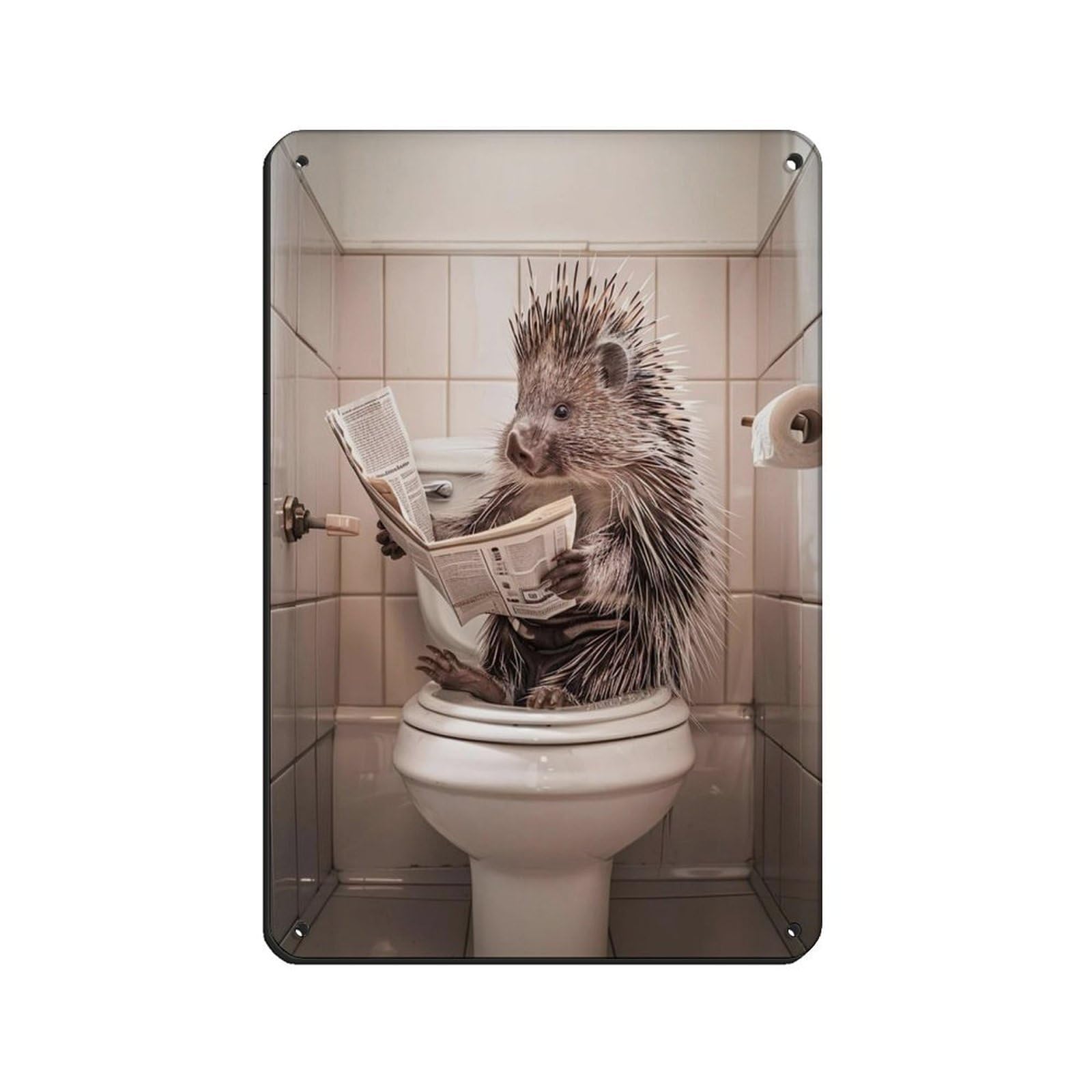Porcupine Sitting on The Toilet Reading A Newspaper (10) Retro Poster Metal Tin Sign Chic Art Retro Iron Painting Bar People Cave Cafe Family Garage Poster Wall Decoration 8x12inch(20x30cm)