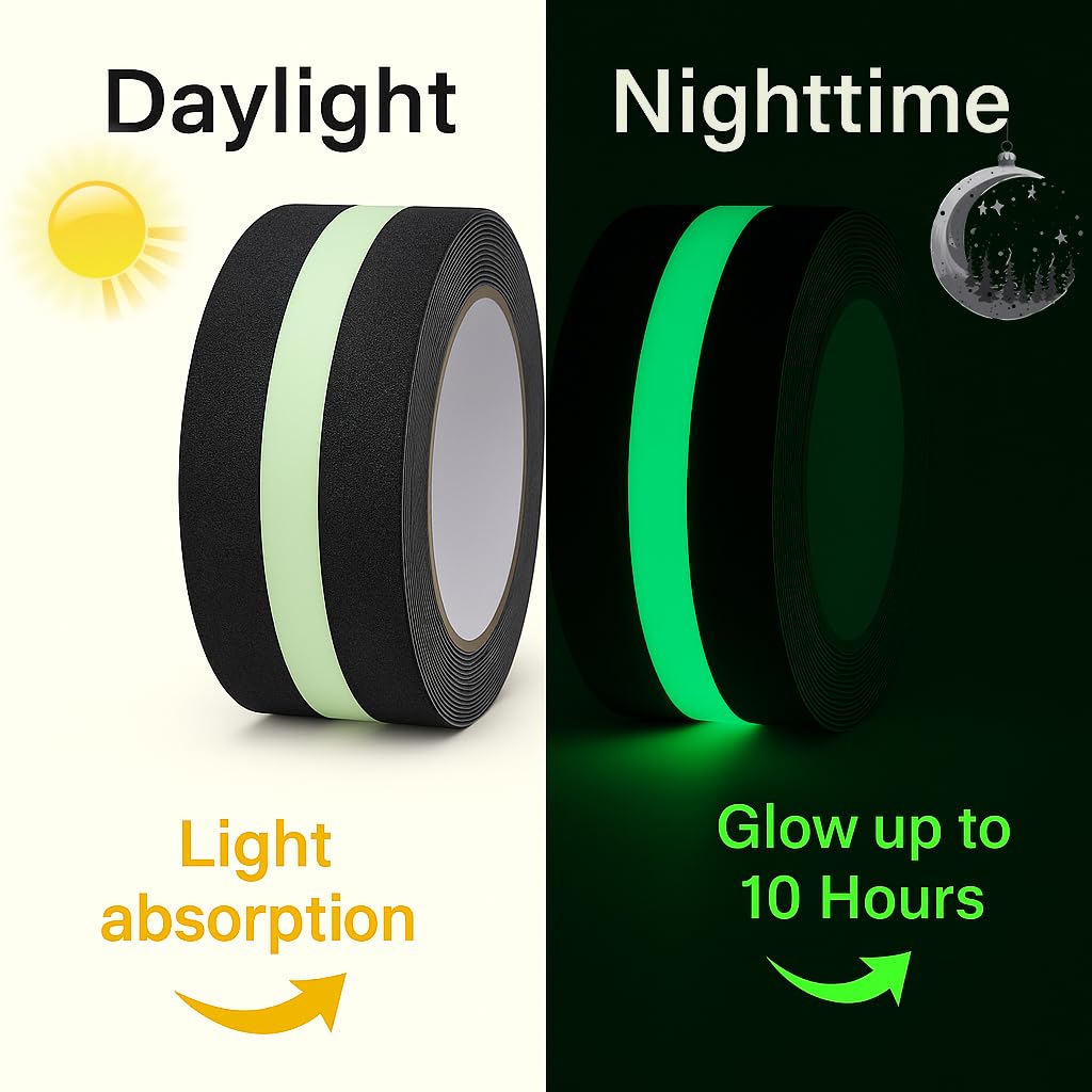 Glow in The Dark Anti Slip Tape for Stairs 2 Pack Safety Grip Strips 2in x 16.4ft Waterproof Non Skid Traction Tape for Indoor & Outdoor Steps Black with Bright Green Walk Caution Tape - Image 9