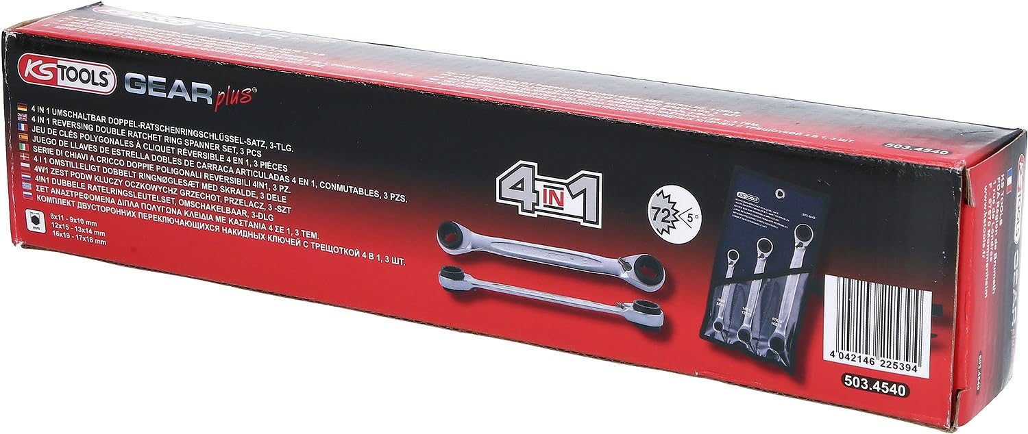 KS Tools 503.4540 4w1GEAR+Zest podw kluczy oczkowychz grzechot, przelacz 3-szt, 8x11-17x18mm