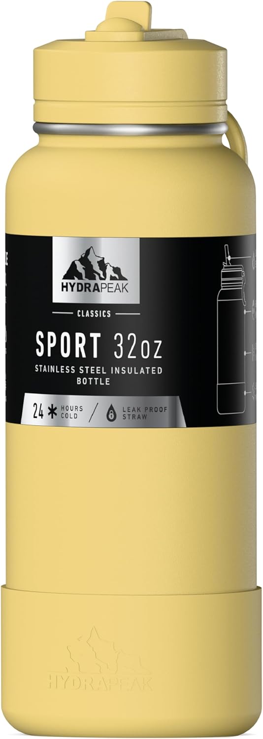 Hydrapeak 32oz Sport Insulated Water Bottle with Straw Lid, Leak & Spill Proof, Keeps Drinks Cold for 24 Hours, Hot for 12 Hours, Premium Stainless Steel Water Bottles (32oz, Canary)