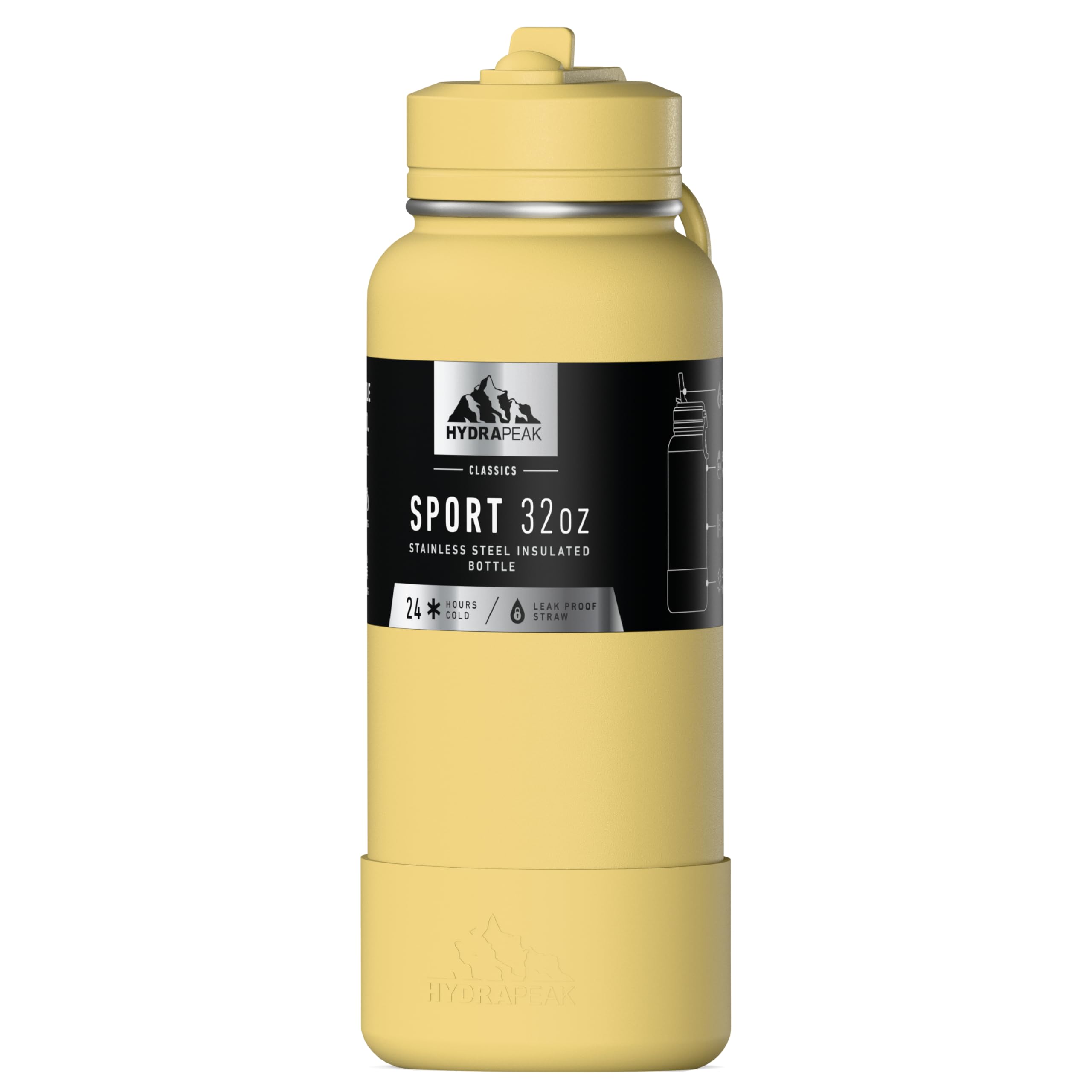 Hydrapeak 32oz Sport Insulated Water Bottle with Straw Lid, Leak & Spill Proof, Keeps Drinks Cold for 24 Hours, Hot for 12 Hours, Premium Stainless