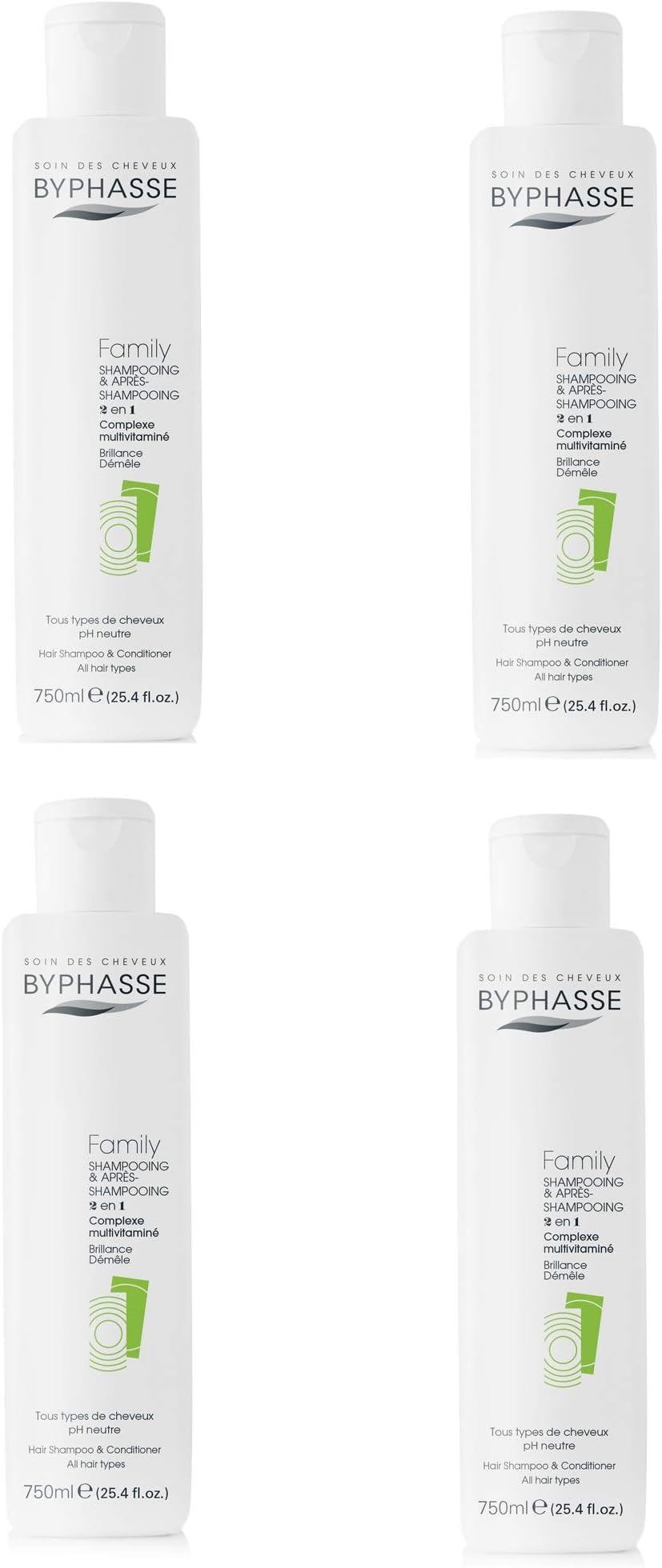 Byphasse Family 2-in-1 Multivitamin Complex Shampoo and Conditioner 750 ml for All Hair Types Pack of 4
