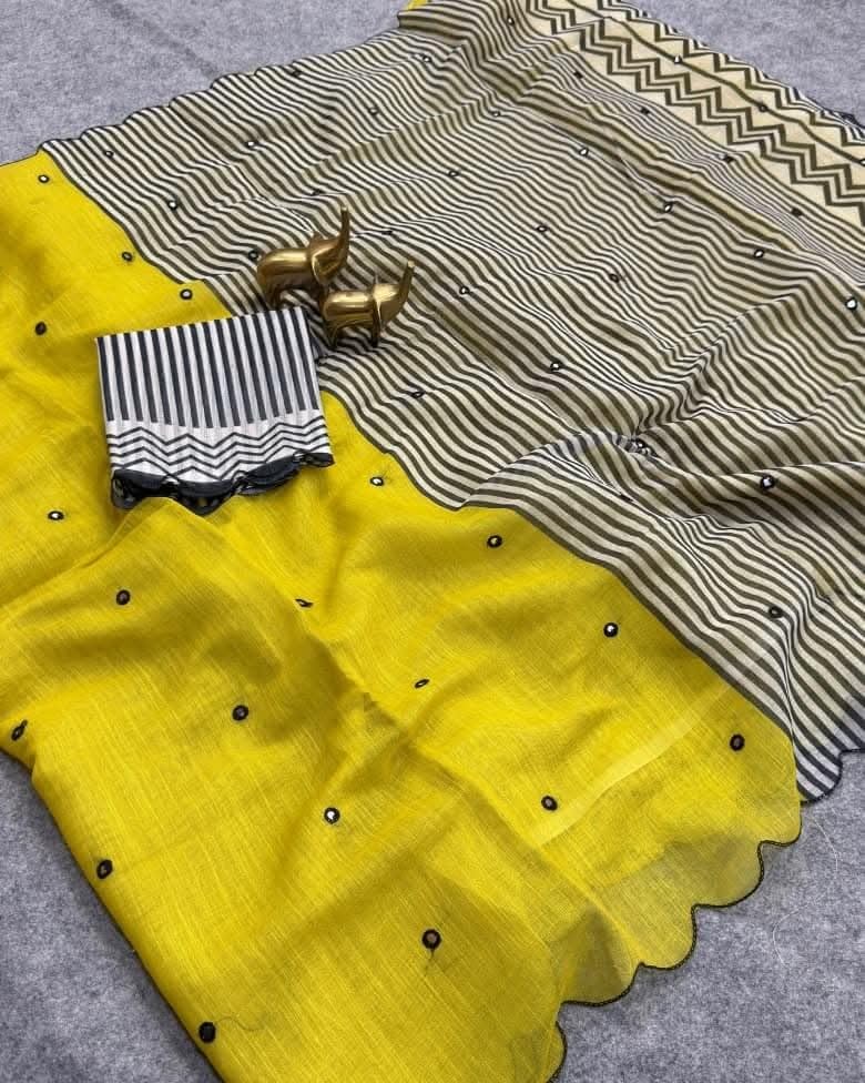 Image of Linen Cotton Saree with Black Mirror Work
