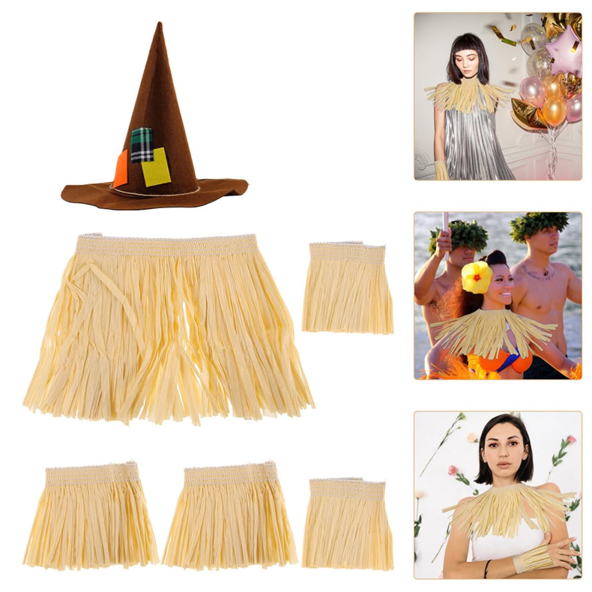 SOLUSTRE 3 Juegos Conjunto de Falda Hula Hawaiana de Rafia para Celebracion Verano Accesorios para Fiesta y Decoración Temática de Verano en Jardín