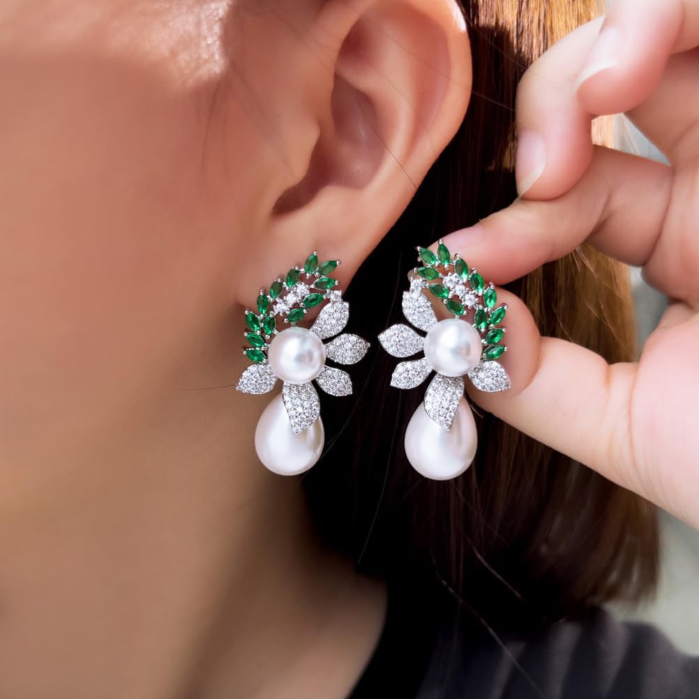 Luxury Pearl Drop Dangle Earrings, Silver Plated Crystal Flower with Green Marquise Cubic Zirconia Leaves, Wedding Engagement Party Jewelry