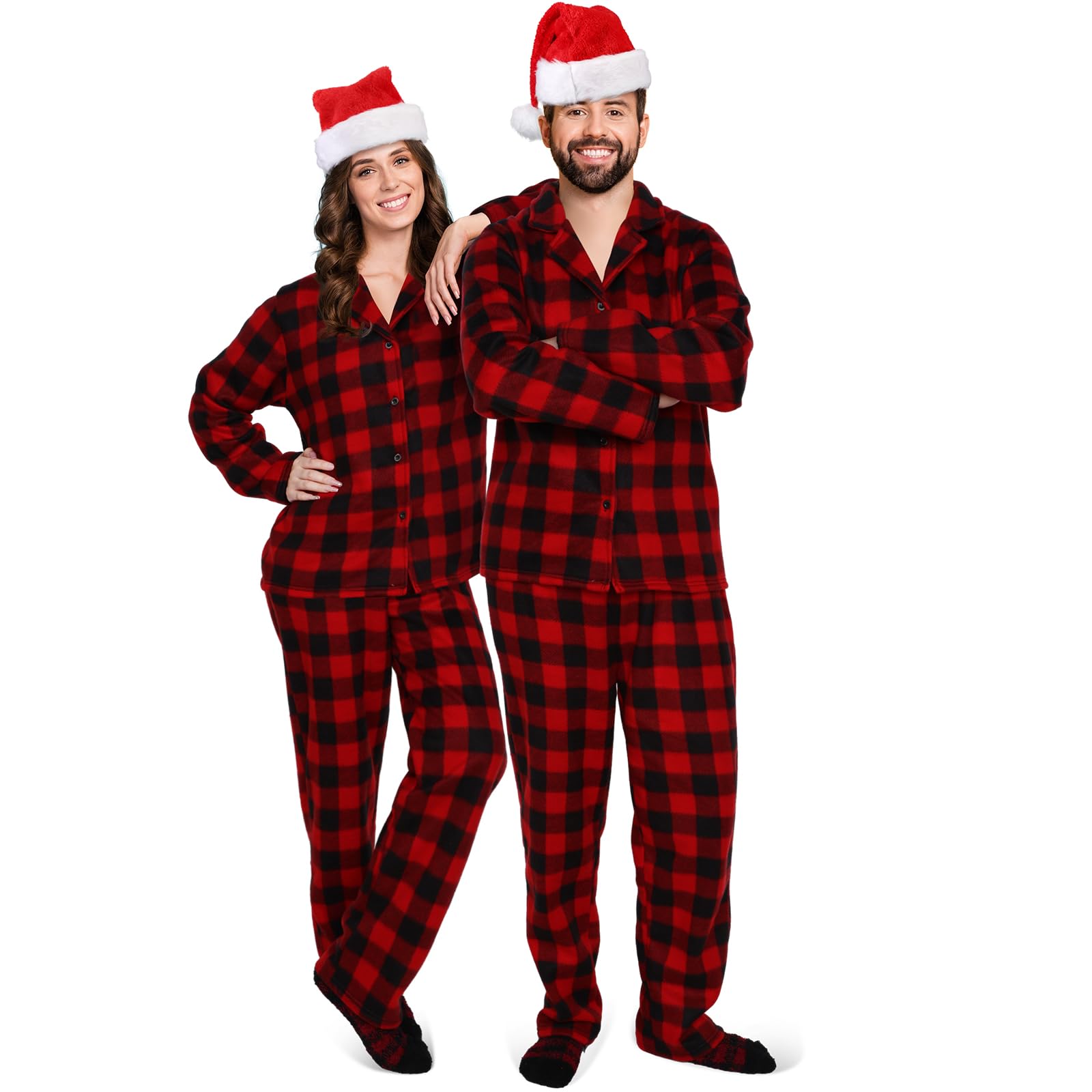 TwistoverXmas Couples Matching Christmas Pajamas Sets Fleece Button Down Plaid Sleepwear with Socks and Christmas Hat