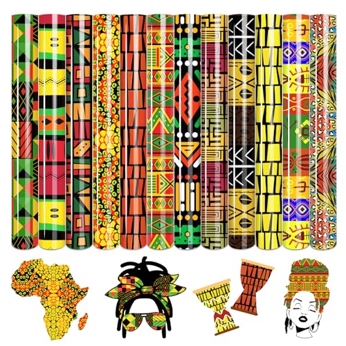 Image of Tintnut Kente African Heat Transfer Vinyl,12 Pcs 12x10in Iron on Vinyl | African patterned PU HTV sheets,easy cut & weed,stretch washable,works with iron & heat press for Kwanzaa crafts