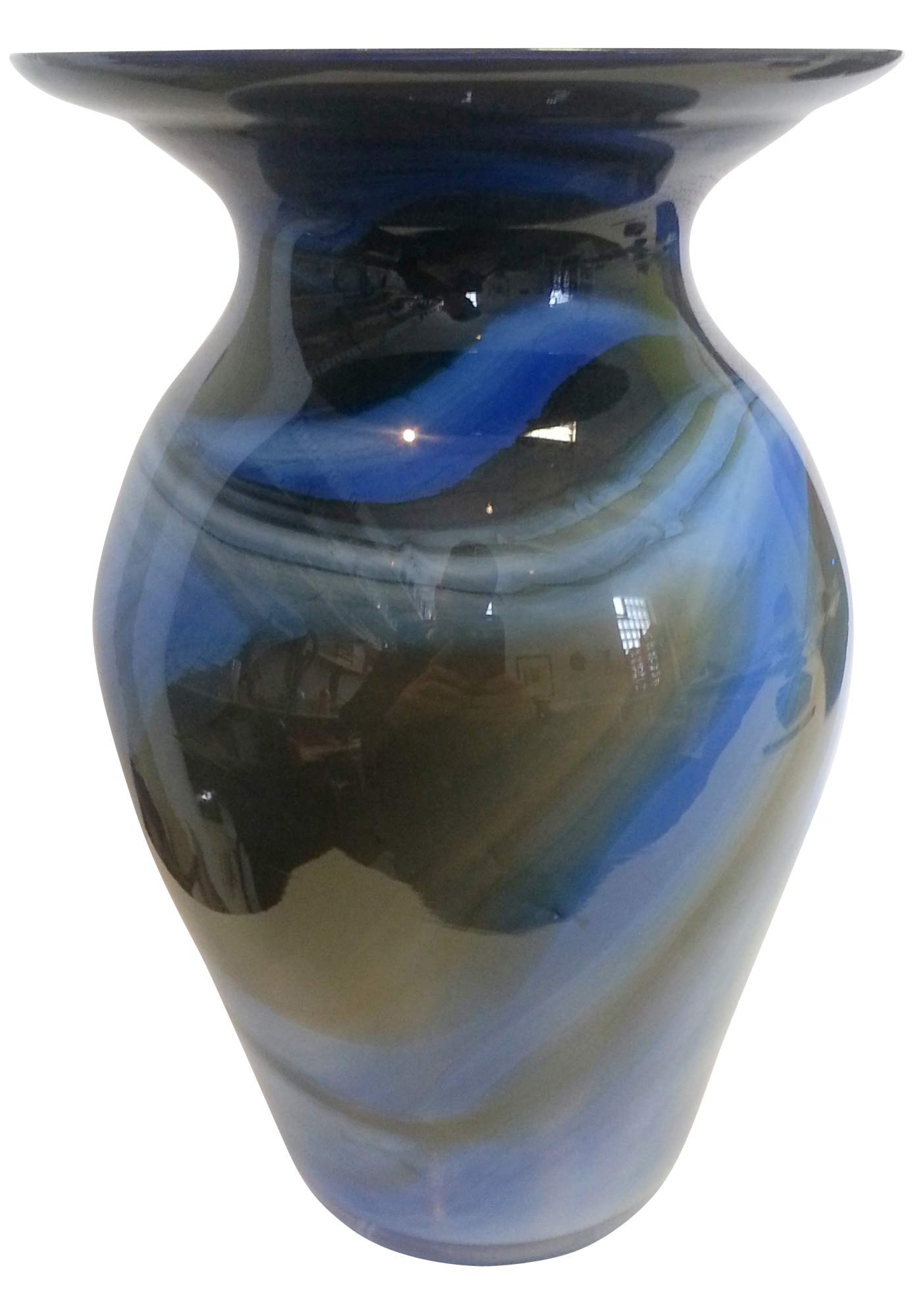 Jarron de suelo grande de cristal coloreado, bulboso florero de vidrio soplado a boca en tonos azul, beige, blanco de marmol, para las flores de tallo largo, altura circa 26 cm, disenado y fabricado por la Oberstdorfer Glashütte