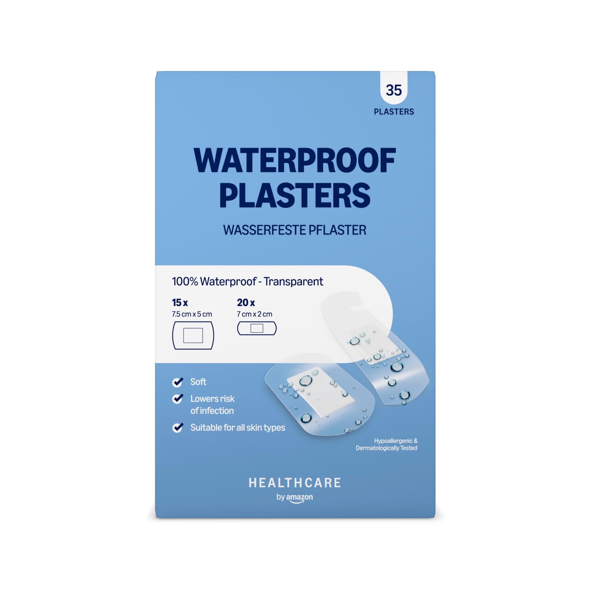 Healthcare By Amazon Waterproof Plasters (Transparent "Second Skin" High Protection), 35 Count (20pc 7 x 2cm, 15pc 5 x 7.5cm), One Size (Previously a Amazon Basic Care brand, same product)