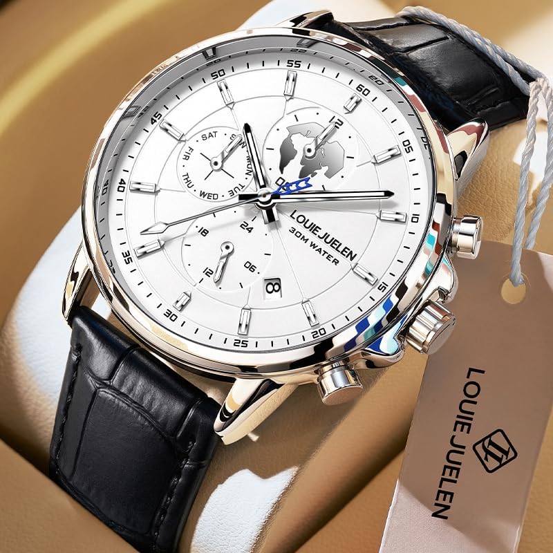 Men's Luxury Chronograph Mechanical Watch 30M Water Waterproof Silver White Dial Black Leather Band Analog Display - Image 2