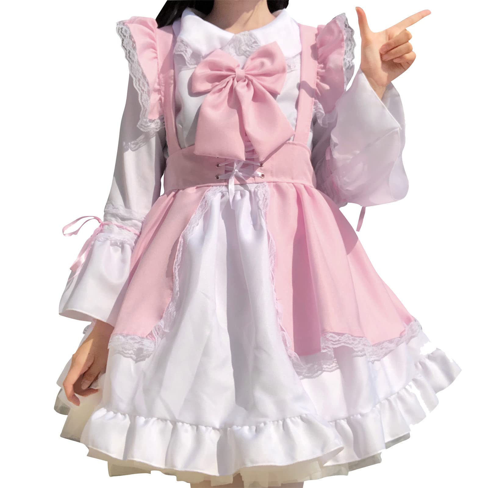 BOTCAM Vestido Lolita para mujer, vestido de lazo para mujer, vestido de cosplay, conjunto de disfraz de anime, vestido de colegio, vestido rococó de manga larga, estilo japonés, cintura alta, conjunto de