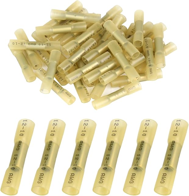 50 Pieces Heat Shrink Butt Connectors Kit, 12-10 AWG Yellow Insulated Waterproof Electrical Wire Connectors Automotive Wire Crimp Terminals Butt Splices