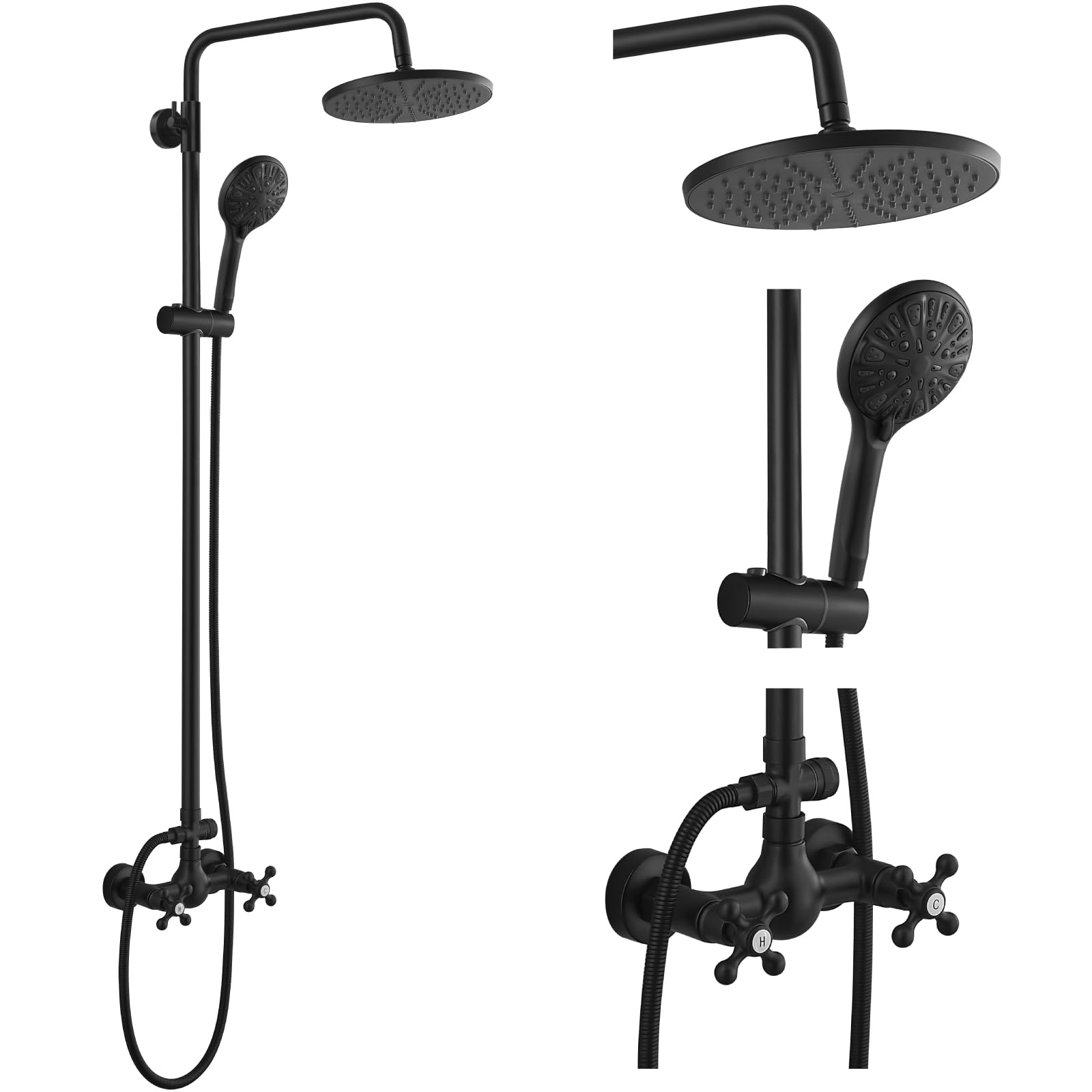 Exposed Shower Faucet System 8 Inch Rainfall Shower Head with 8 Function ABS Handheld and Double Cross Handle Wall Mounted Bathroom Luxury Mixer Shower Gourd Faucet Body Matte Black
