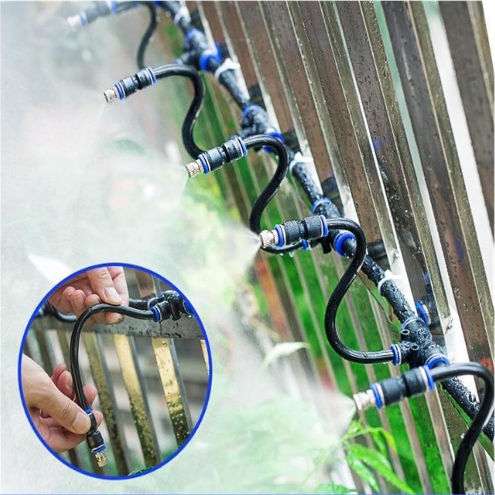 Regulowana dysza mgiełkowa z mosiądzu, rozpylająca, mosiężna dysza mgiełkowa z trójnikiem i wbudowanym wężem 8-calowym, obrotowa o 360° do chłodzenia tarasu (dysza rozpylająca + pasek trójnika 8 mm,