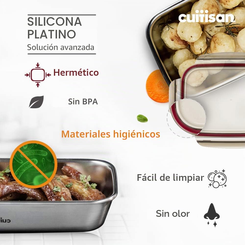 CANDL Cuitisan (Flora) recipiente hermético de acero inoxidable con tapa de clip, apto para microondas + horno, rectangular, recipiente para alimentos, EC7-SS10, (25,9cm x 19,5cm x 9,6cm / 2800ml)