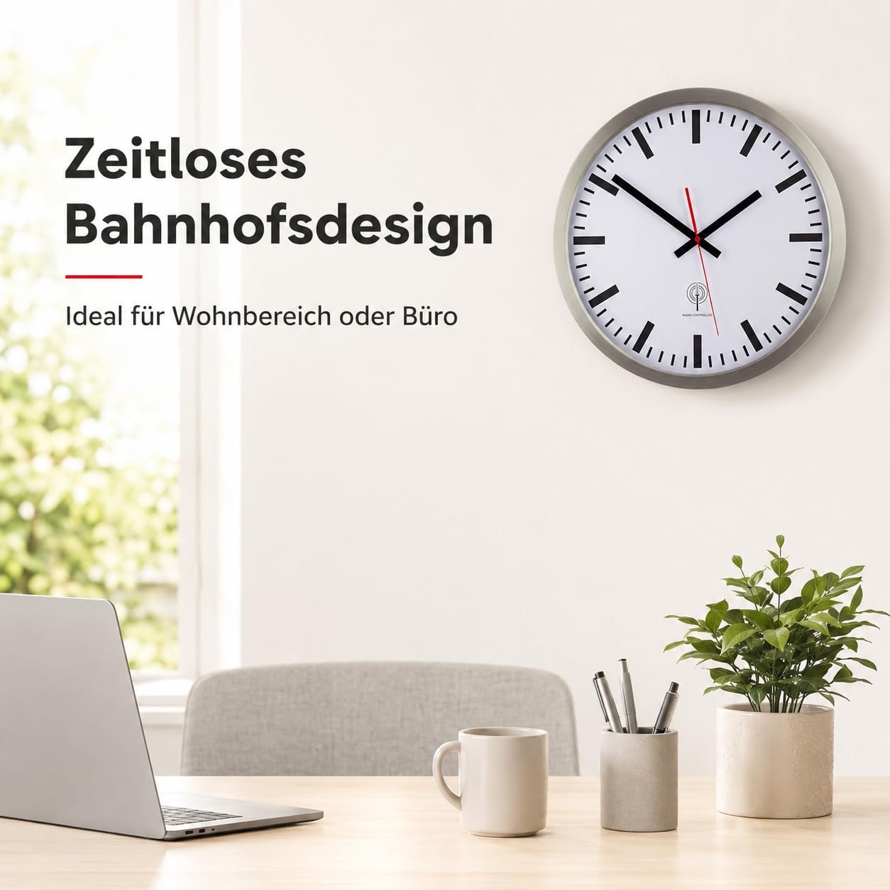 Eurotime 56862-07 radiowy zegar ścienny, 40 cm, srebrna obudowa ze stali nierdzewnej, prawdziwe szkło, tarcza stacji, automatyczna zmiana czasu, zegar ścienny do salonu lub