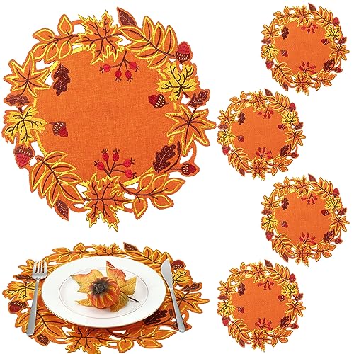 Yingzhao 6 Pcs Fall Leaf Placemats Thanksgiving Orange Table Placemats