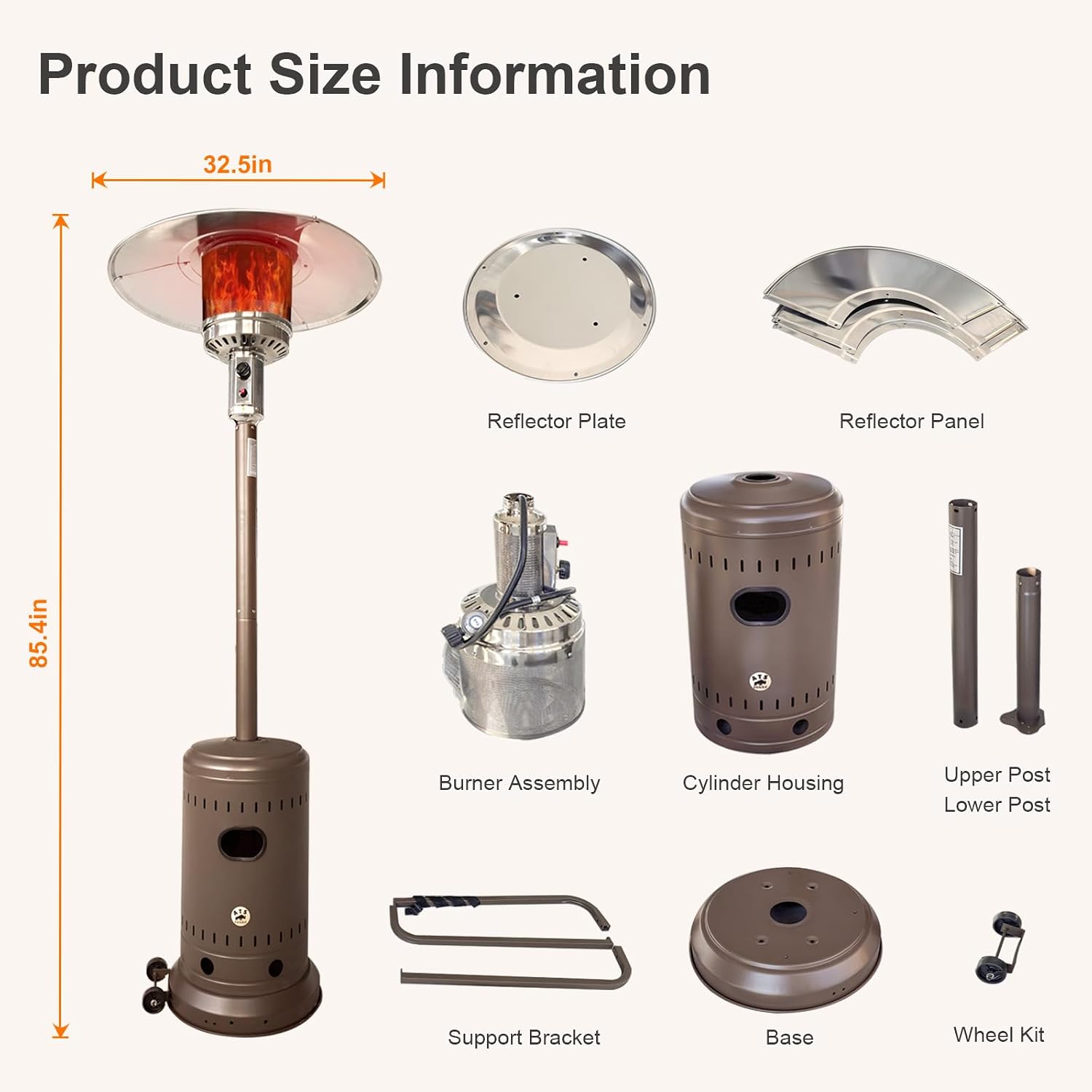 46,000 BTU Outdoor Propane Patio Heater with Wheels, Commercial & Residential, Havana Bronze, 32.5x 32.5 x 91.3 inches (LxWxH)