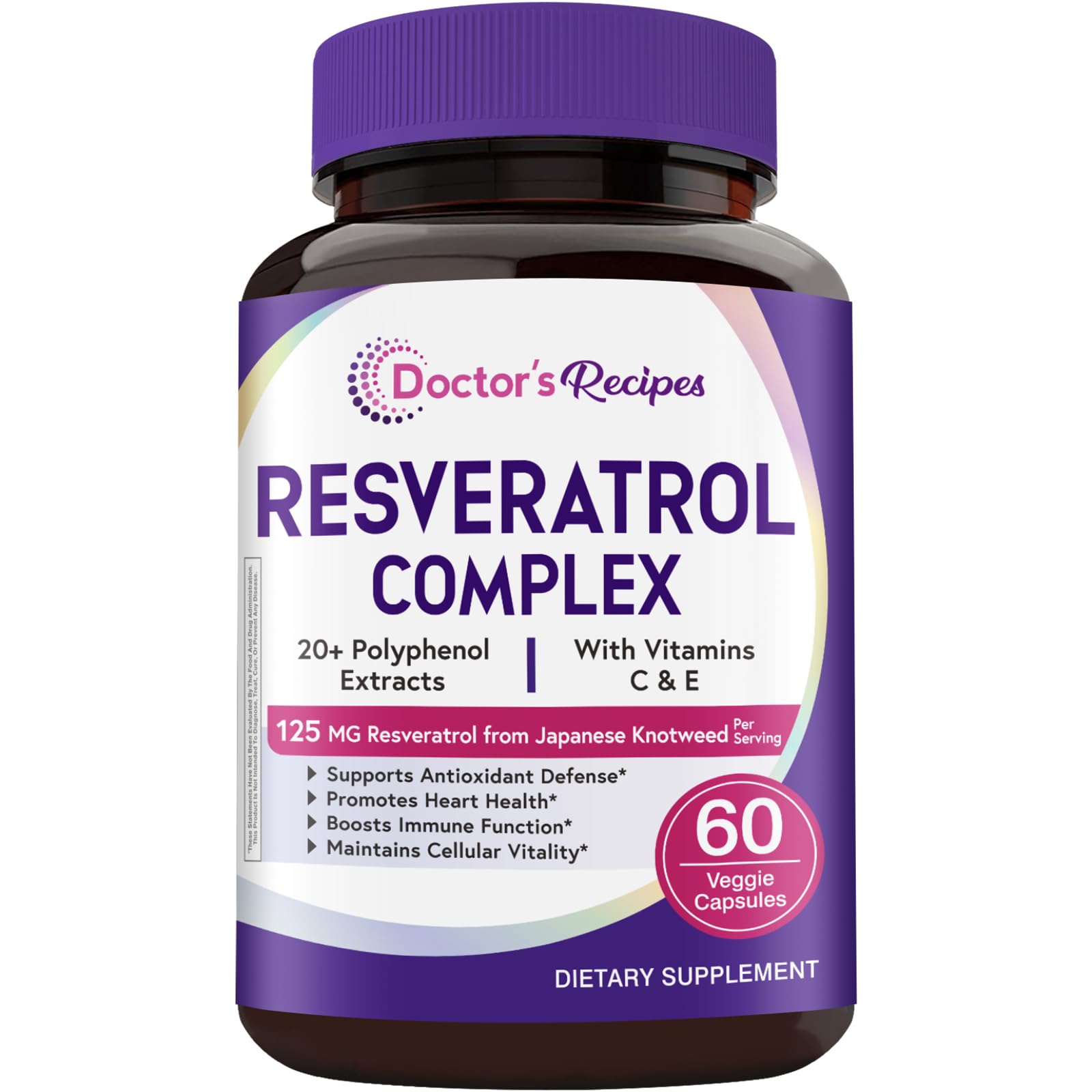 Doctor's Recipes Resveratrol Complex Supplement 1179mg, Trans-resveratrol from Japanese Knotweed, 20+ Polyphenol Extracts, Vitamins C & E, Antioxidant Support, Heart Health & Immune Function, 60 Cap